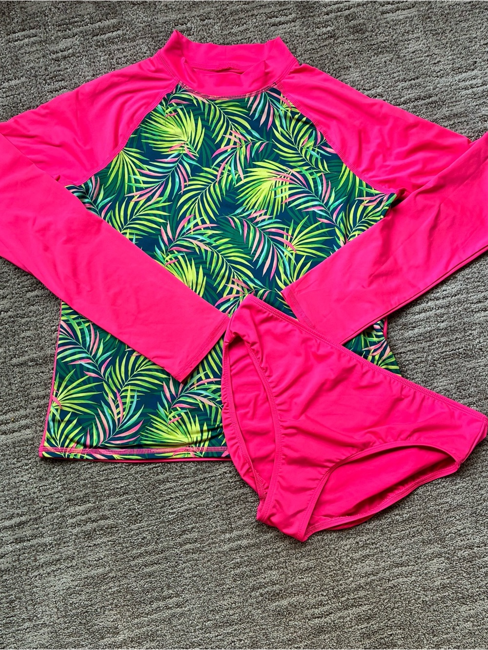 Lands' End girls Neon Pink Tropical Palm Rash Guard Set